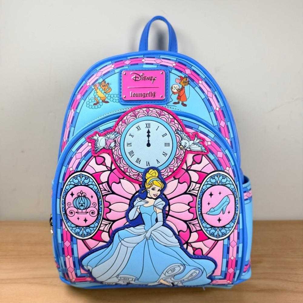 Loungefly‎ Disney Cinderella Stained Glass Mini Backpack Blue Pink Jaq Gus Gus